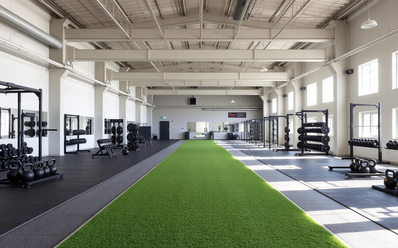 Sala de treinamento funcional com pista de grama sintética, racks e kettlebells