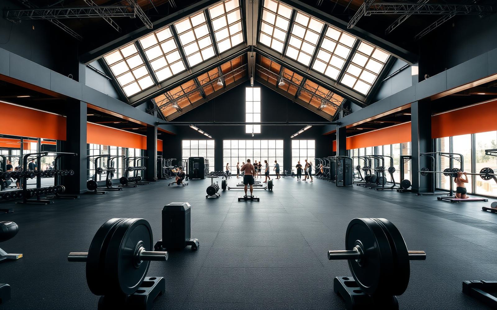 Área ampla de musculação de uma academia moderna em horário de movimento