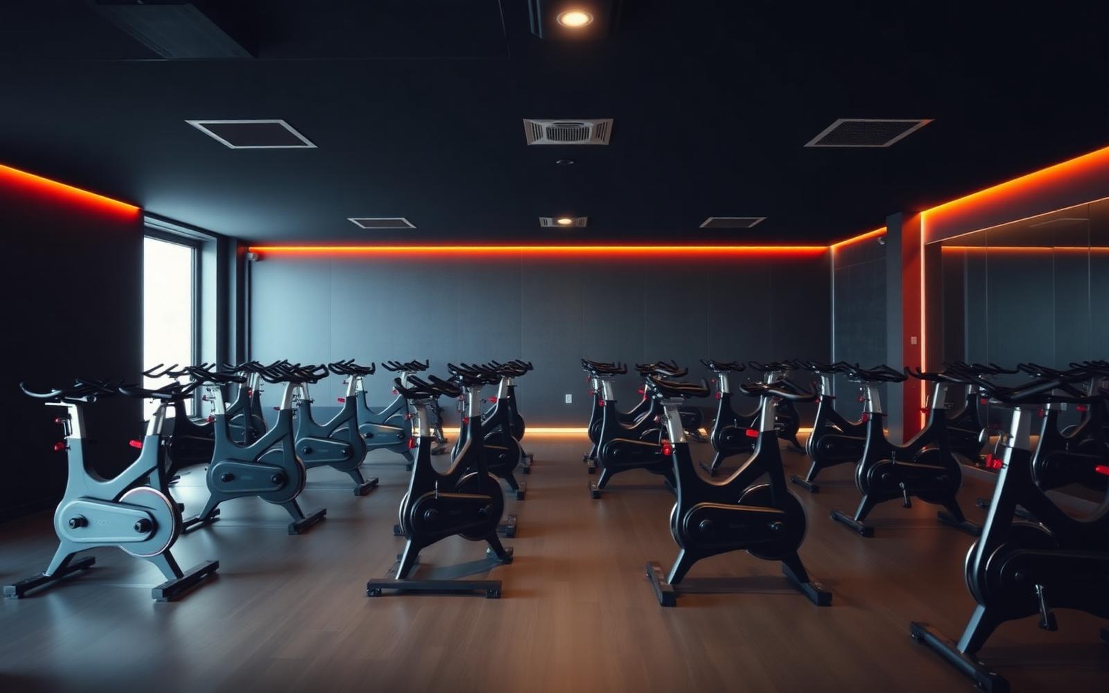 Sala de aulas coletivas com bicicletas de spinning e sistema de ventilação no teto